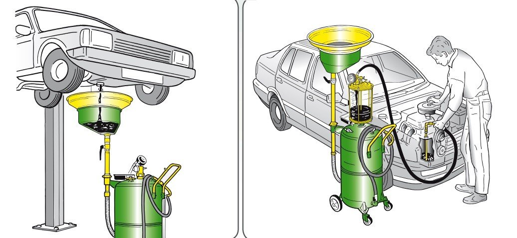 Waste oil drainers with side bowl and 65-litre wheel- mounted tank.