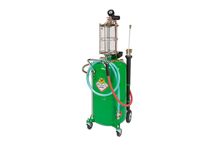 Air-operated oil drainer with transparent chamber, wheel-mounted 90-litre tank