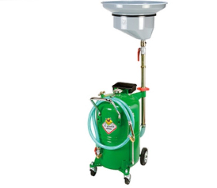 Waste oil drainers with side bowl and 115-litre wheel- mounted tank.