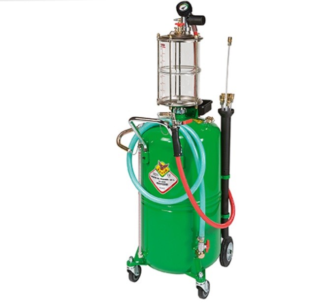 Gravity and suction drainer, 115 litres with suction probe kit and pantograph recovery bowl for cars