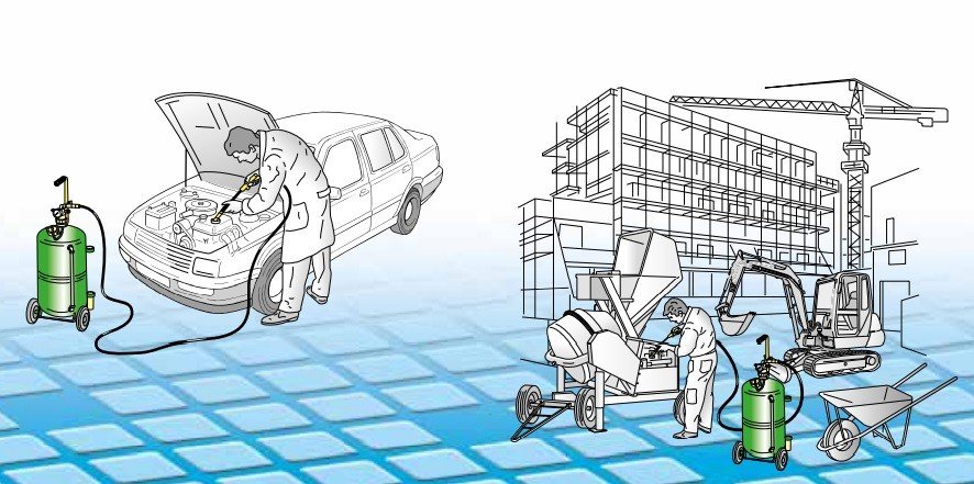Hand-operated oil dispenser with wheel-mounted 24-litre tank